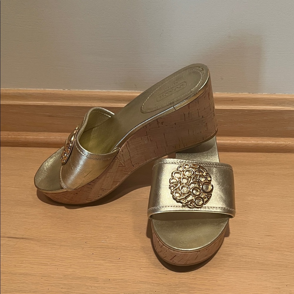 Coach Metallic Gold Slide Mules with Decorative Medallion - Picture 2 of 6